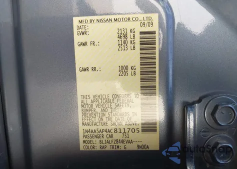 2010 Nissan Maxima 3.5 Sv z USA, uszkodzony, nr VIN 1N4AA5AP4AC811705